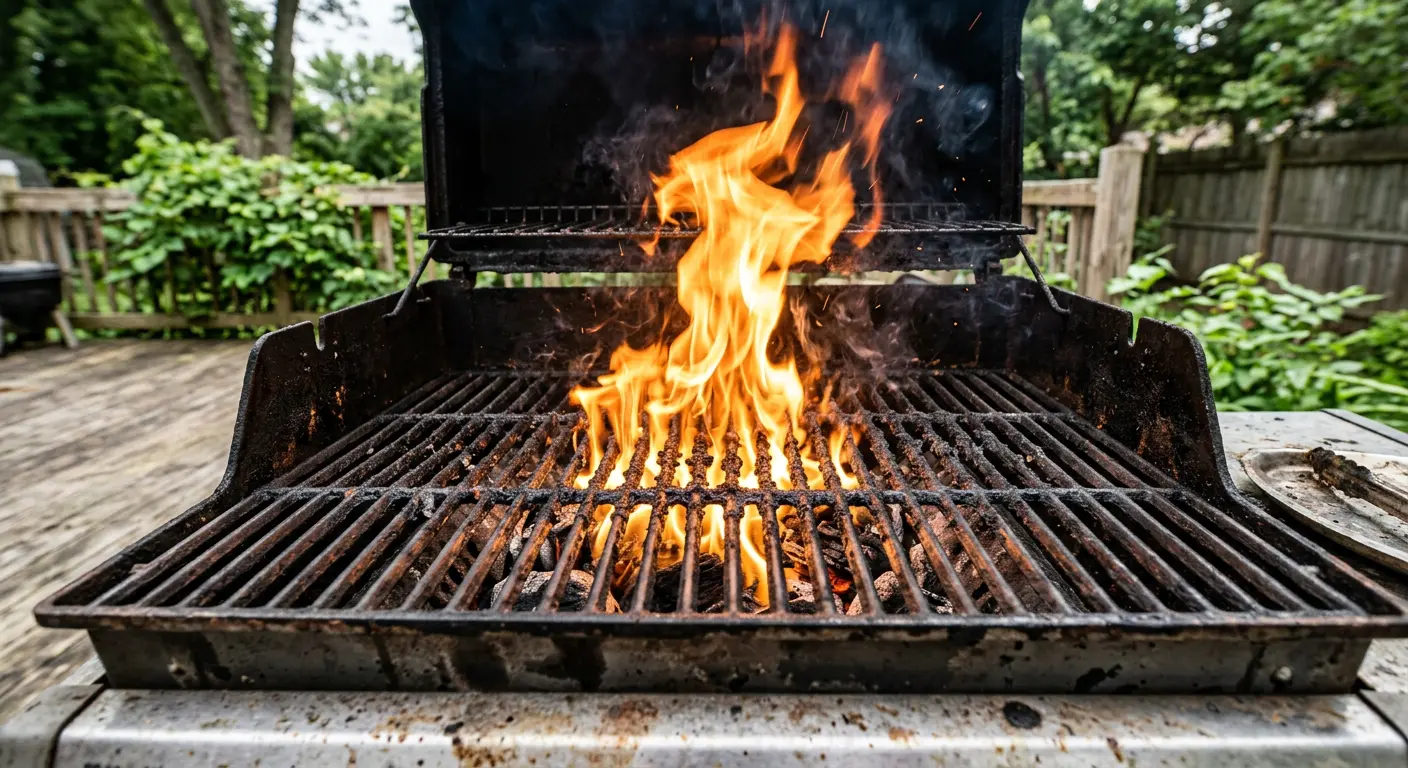Grease flare-up on BBQ grill