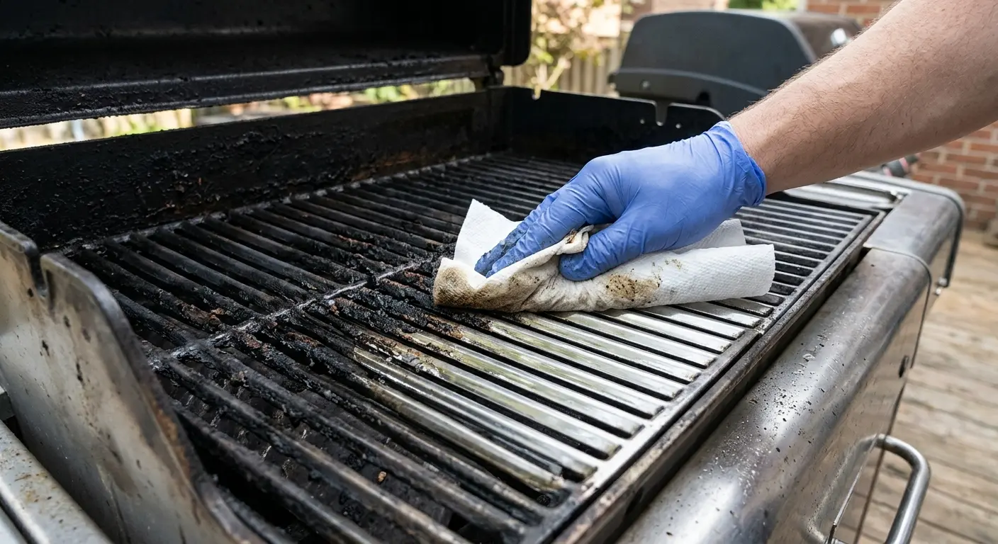 Grillrost wird sauber gewischt