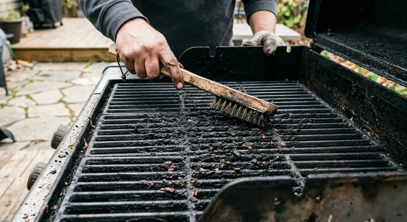 Drahtbürste auf verschmutztem Grillrost