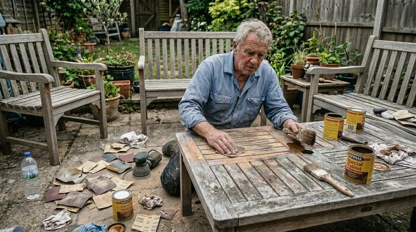 Person trying to sand outdoor wood furniture