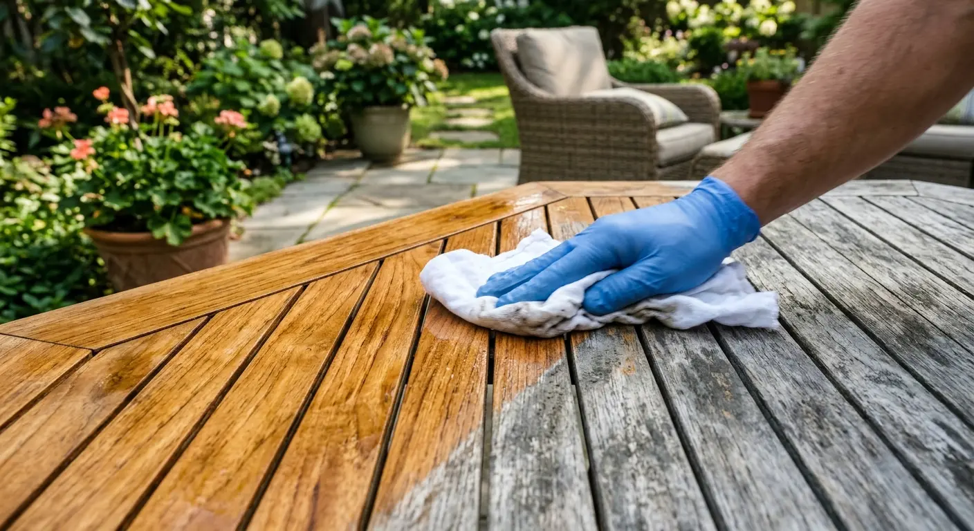 Wiping restored wood surface with cloth